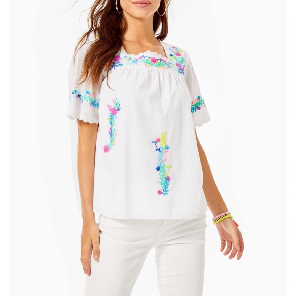 Lilly Pulitzer Tamryn White Embroidered Scalloped Crochet Lace Trimmed Top